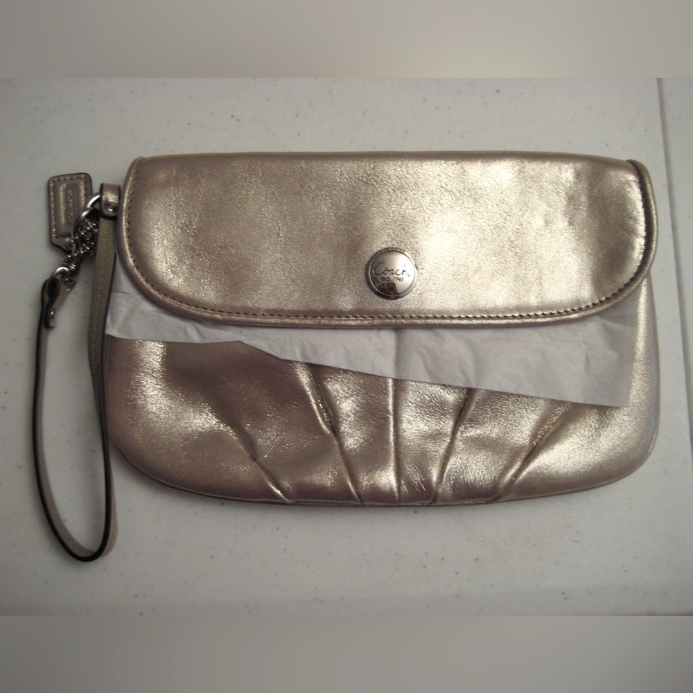 Coach Leather Lg. Flap Wristlet in Pewter Metallic